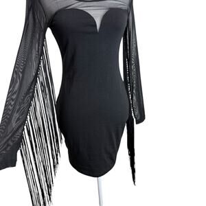 BLQ.MQT Slinky Fringe Trim Black Bodycon 
Heart Shape Mini Dress Size Medium